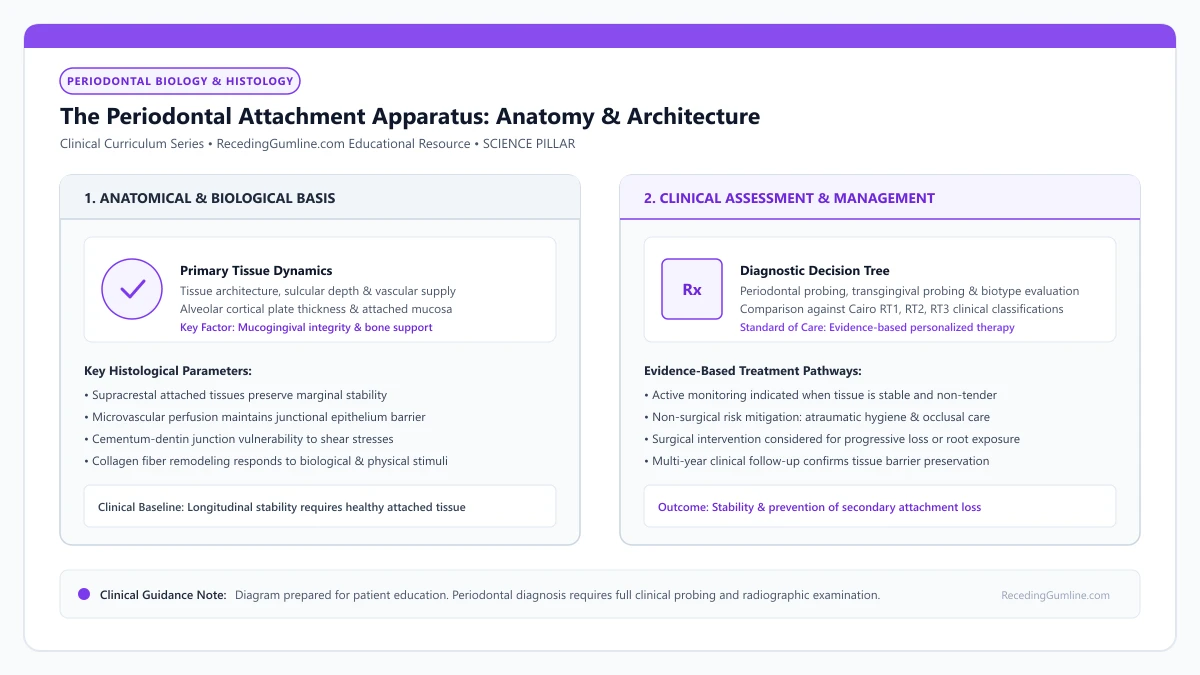 Educational diagram illustrating the periodontal attachment apparatus: anatomy & architecture, highlighting clinical tissue dynamics, anatomical landmarks, and evidence-based considerations.